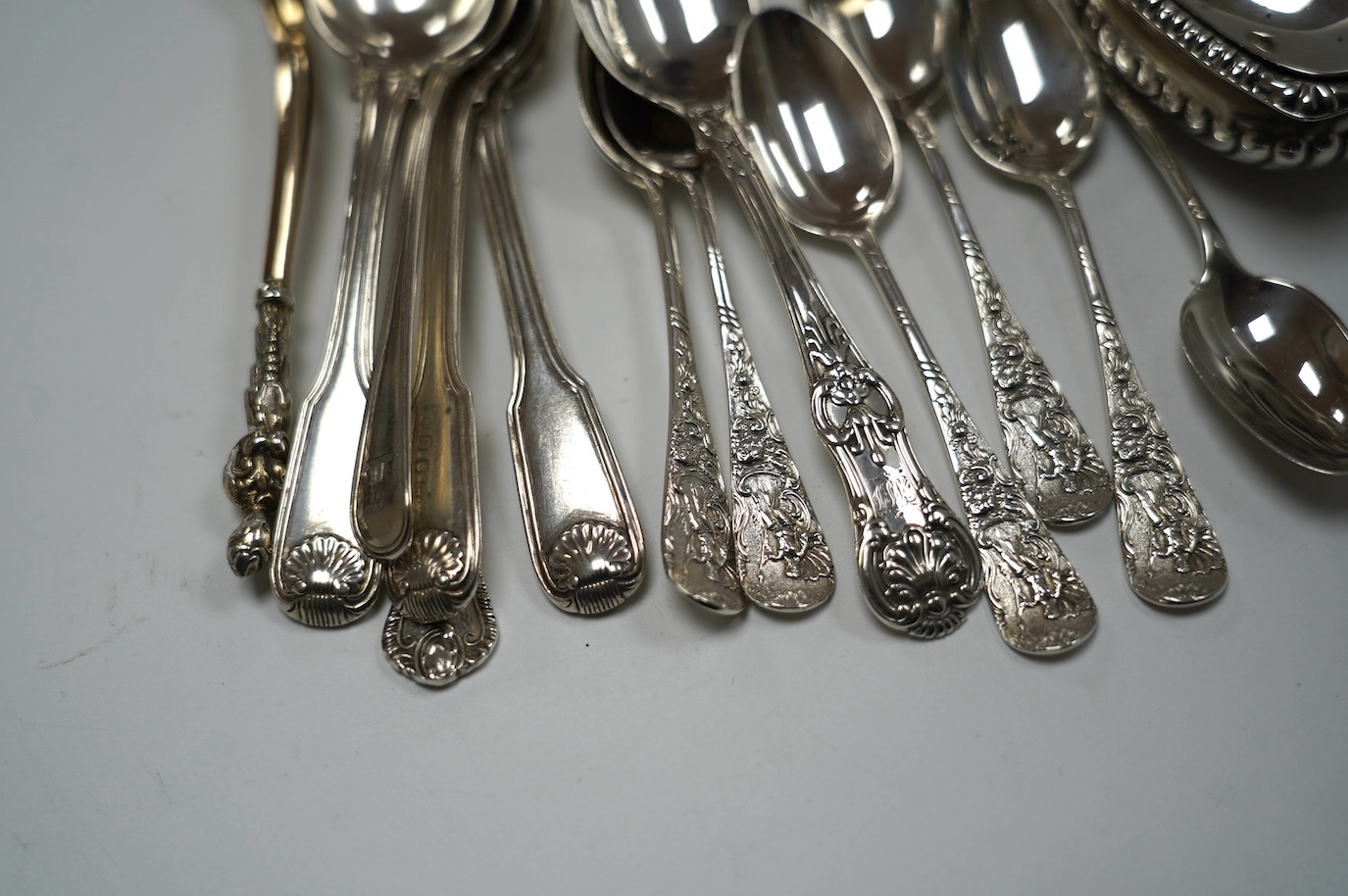 Sundry small silver and other items including, three 19th century Chinese Export fiddle, thread and shell pattern teaspoons by Khecheong, Canton, a white metal trinket dish, 16cm, mustard pot, teaspoons, server etc. Cond